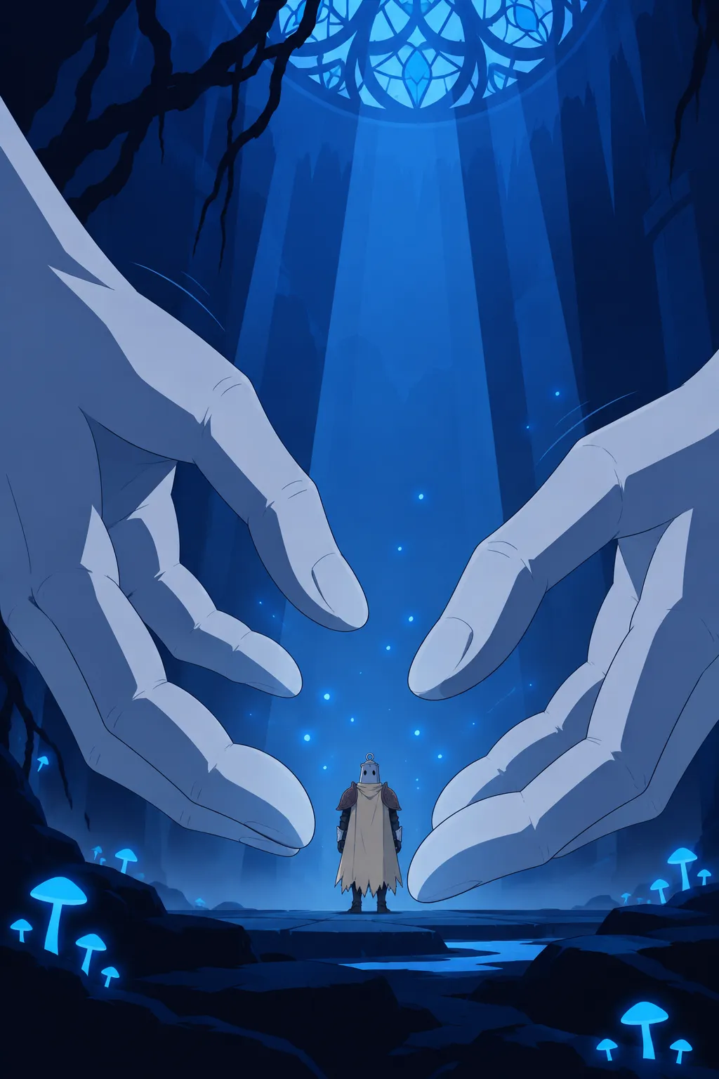Vertical low-angle reveal, both colossal hands closing in toward each other.