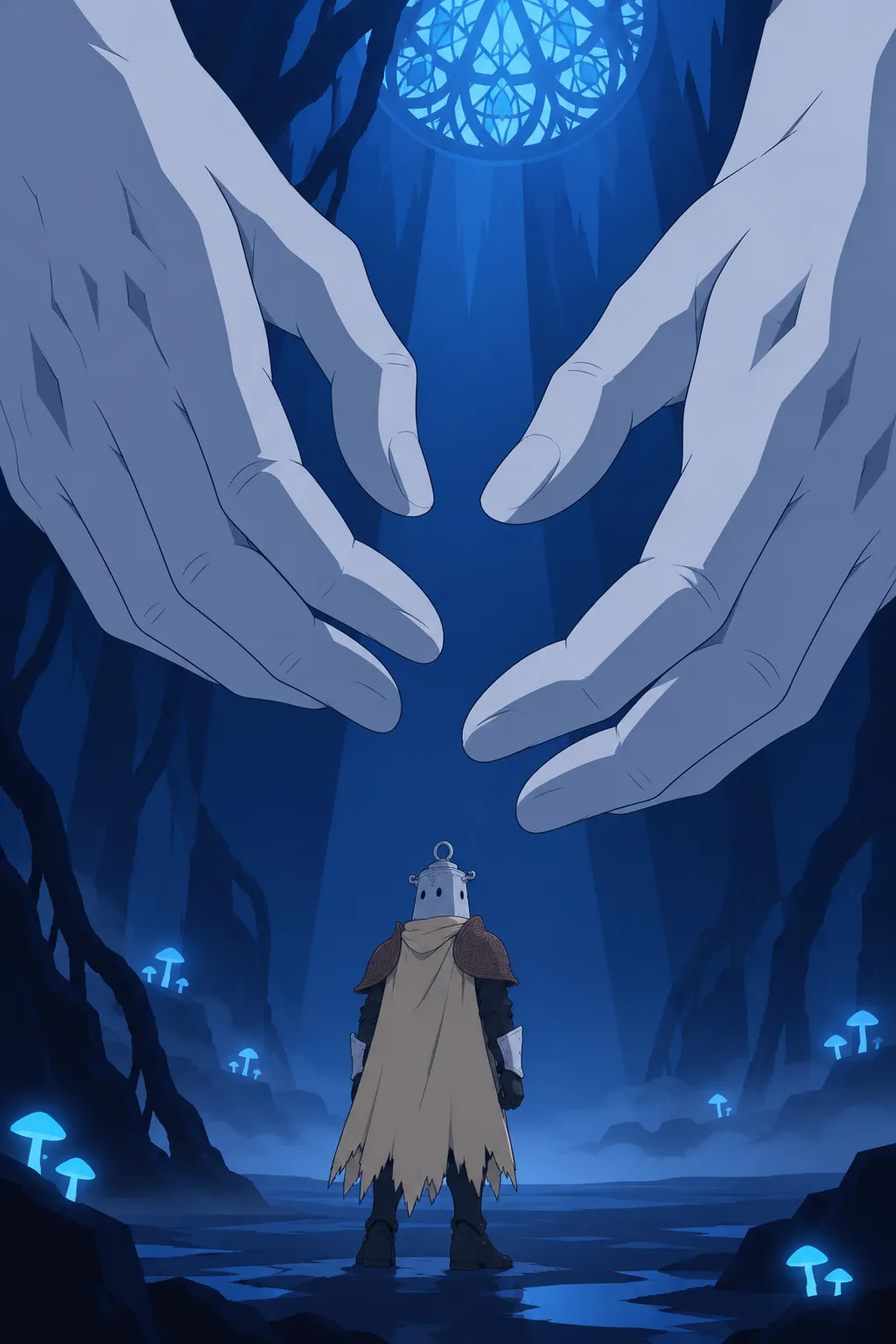 Lanterne stands frozen among the roots and mushrooms, his small body turned fully toward the two colossal hands closing beside him.