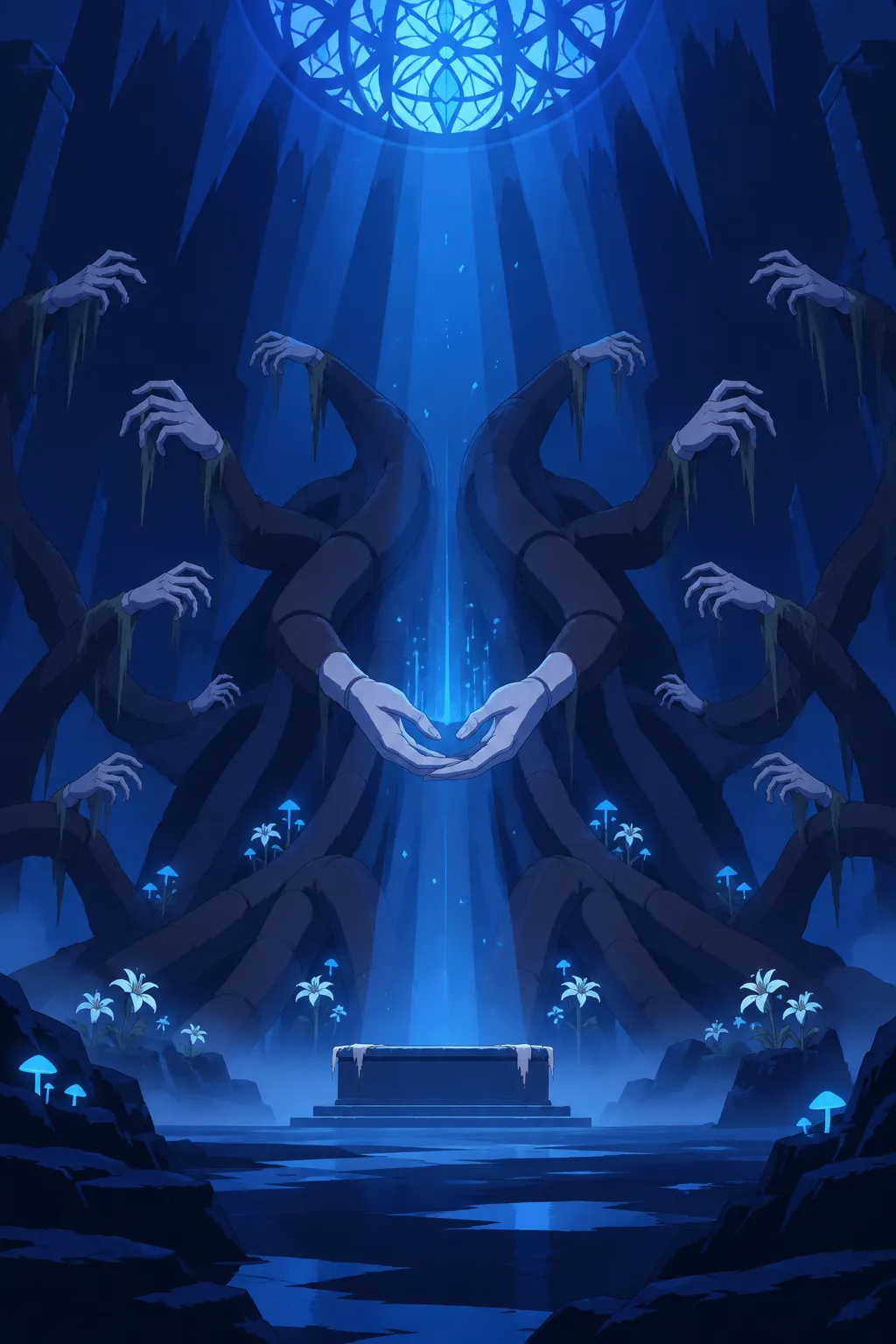 Wide symmetrical view of the colossal dark tree-root structure, countless pale segmented hands reaching outward and upward.
