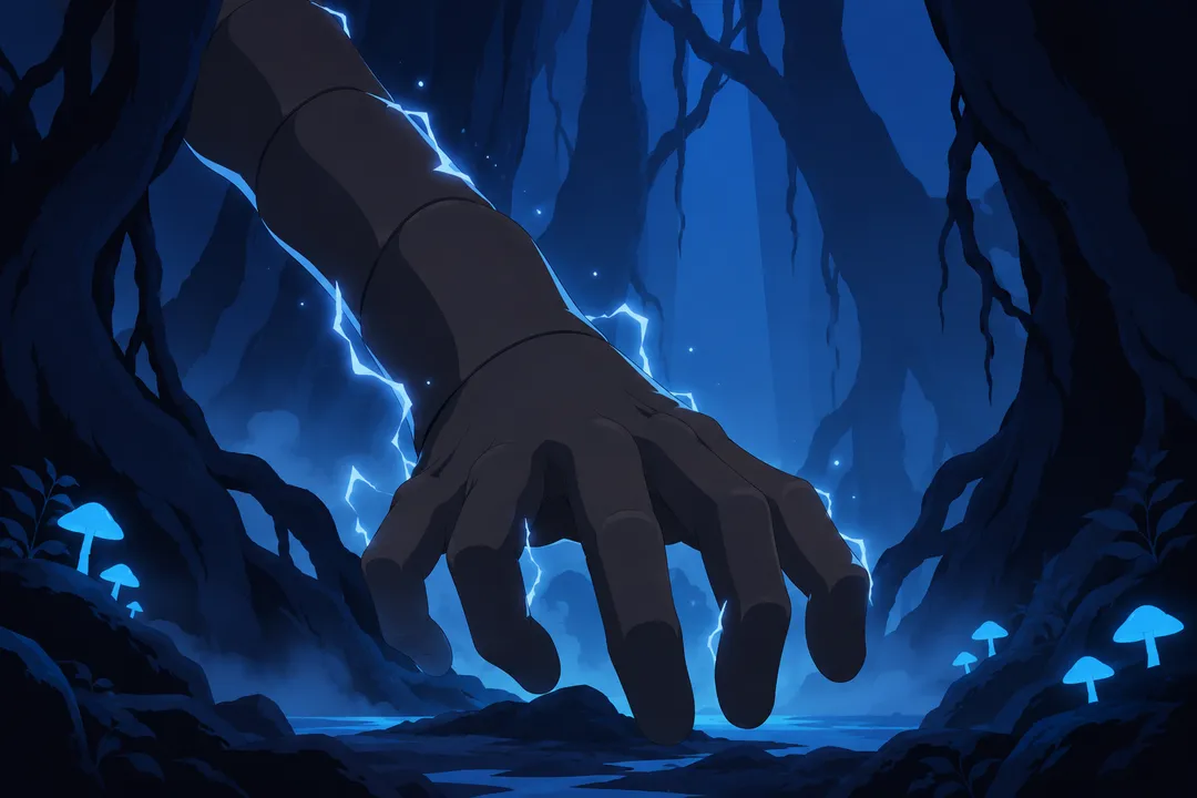 Extreme close foreground detail of one colossal pale segmented hand emerging between dark twisted trunks, claws curling.