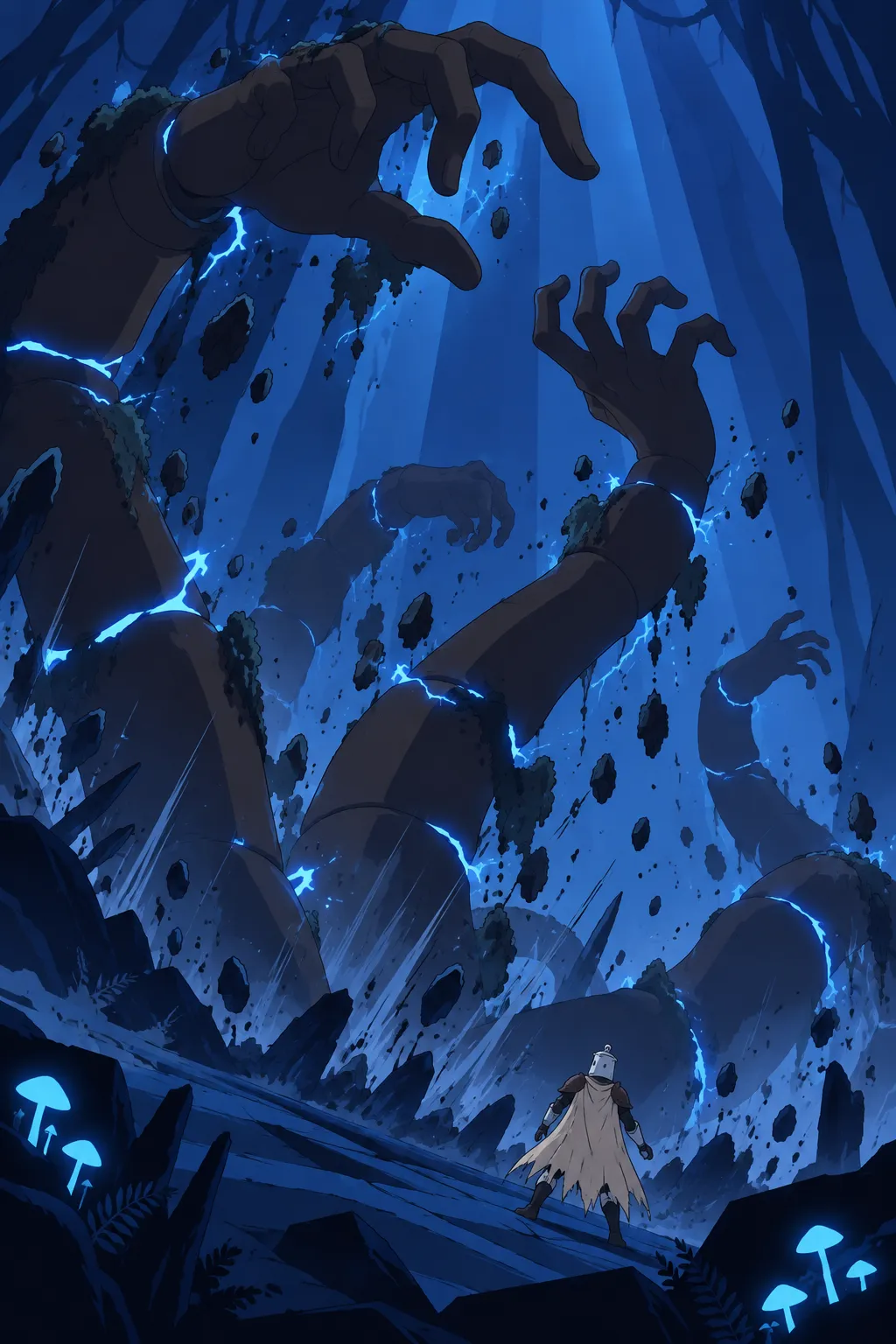 The colossal root-and-hand structure lifts and unfolds mid-motion, thick limbs pulling free of the earth.