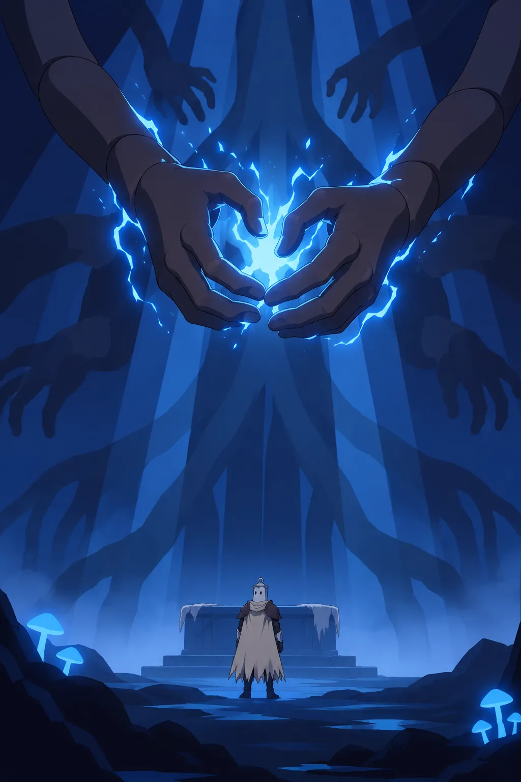 Closer view on the two central white segmented hands as they curl nearer to each other above the altar.