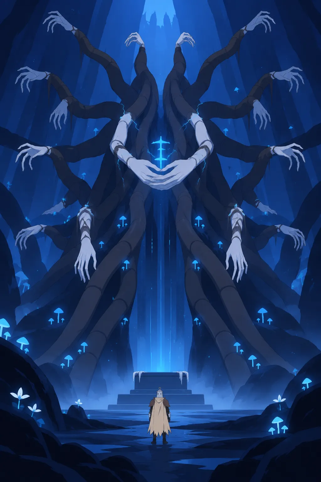 Full low angle reveal of the entire colossal dark root-and-hand structure at its true towering height.