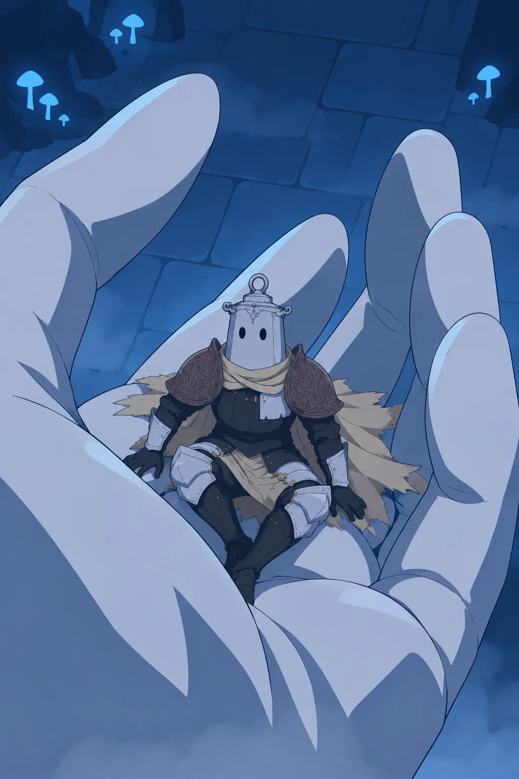 Lanterne sits cradled inside an enormous pale hand, dwarfed by the giant curling fingers, stone tiles visible beneath the hand.