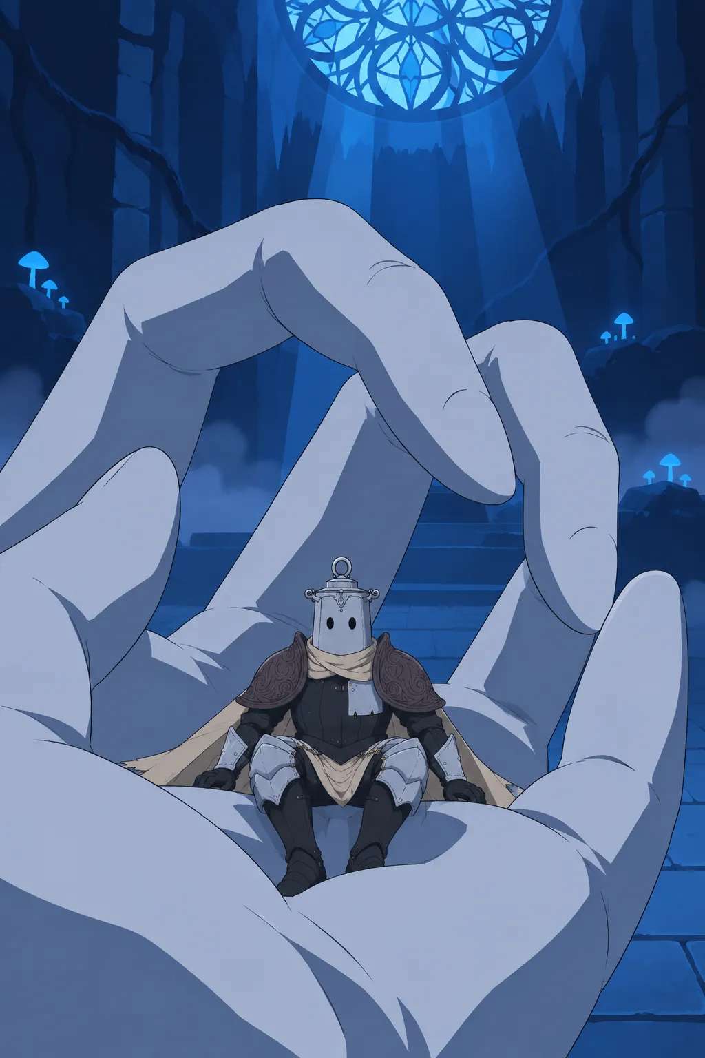Same giant hand, Lanterne still seated within it, eyes of the helmet fixed forward, no movement.