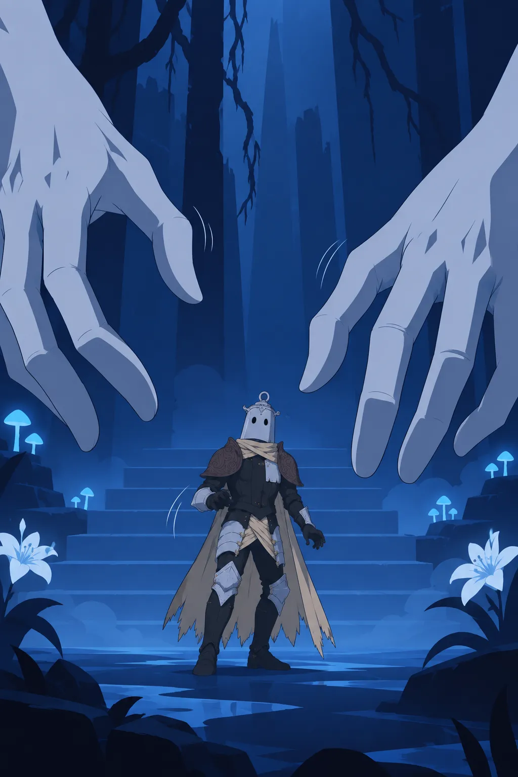 Lanterne stands frozen between two colossal pale hands reaching in from either side, their long fingers closing slowly toward him.
