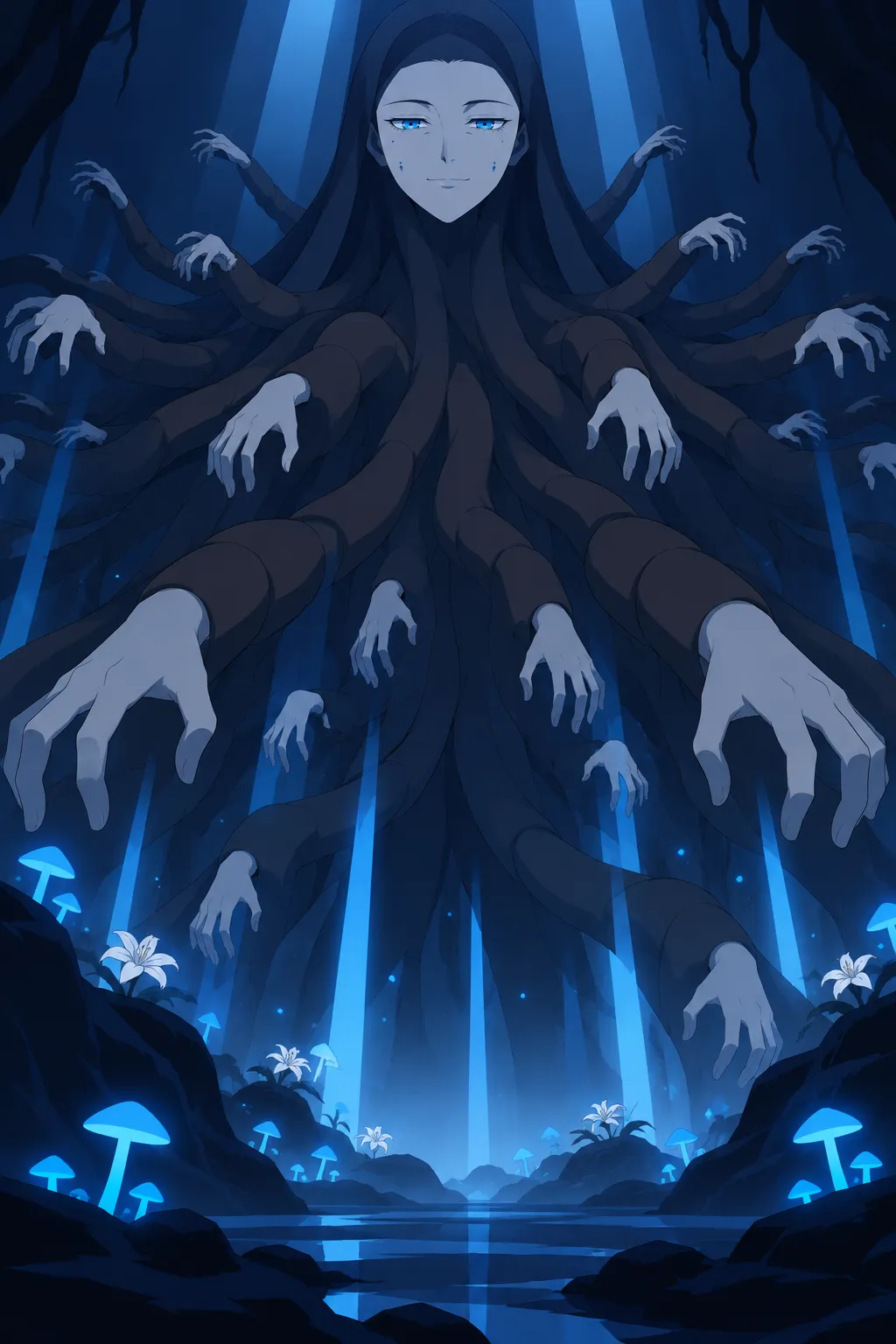 A colossal pale grey-blue face with vivid blue eyes and faint tear-like marks looks down from atop a vast dark tree-like mass of segmented…