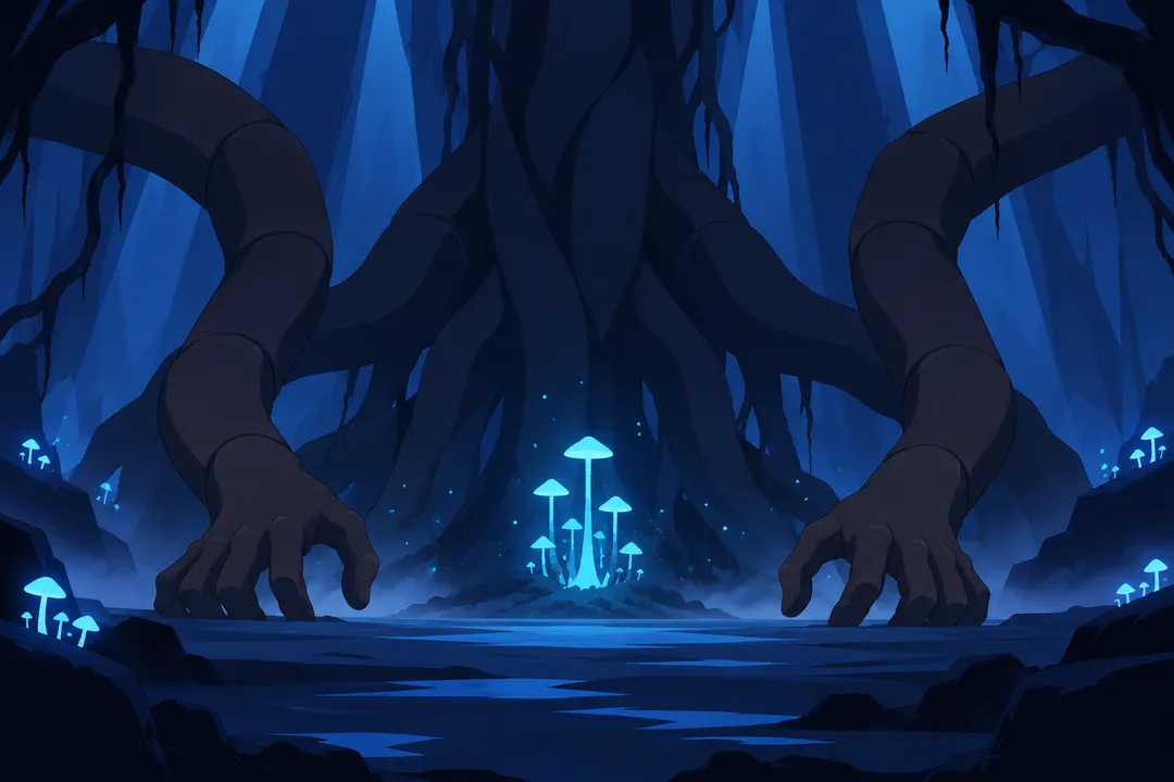 Wide symmetrical view of the colossal dark tendril tree, its face now out of frame above.