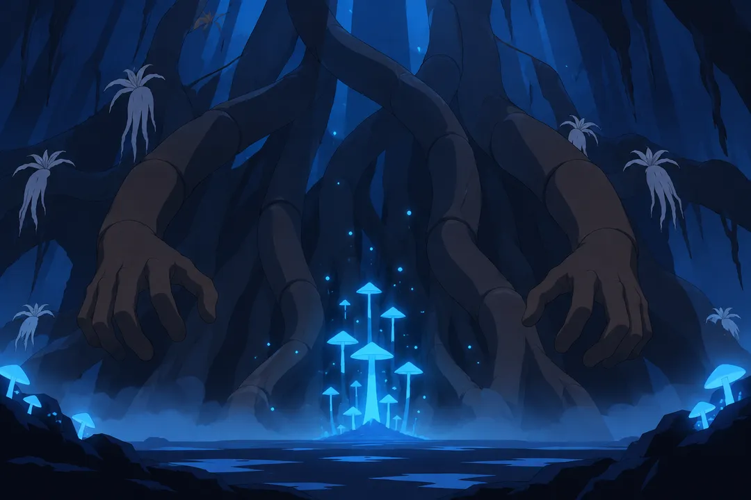 The dark tendril mass fills the frame again, hands curling near the twisted limbs on both sides.