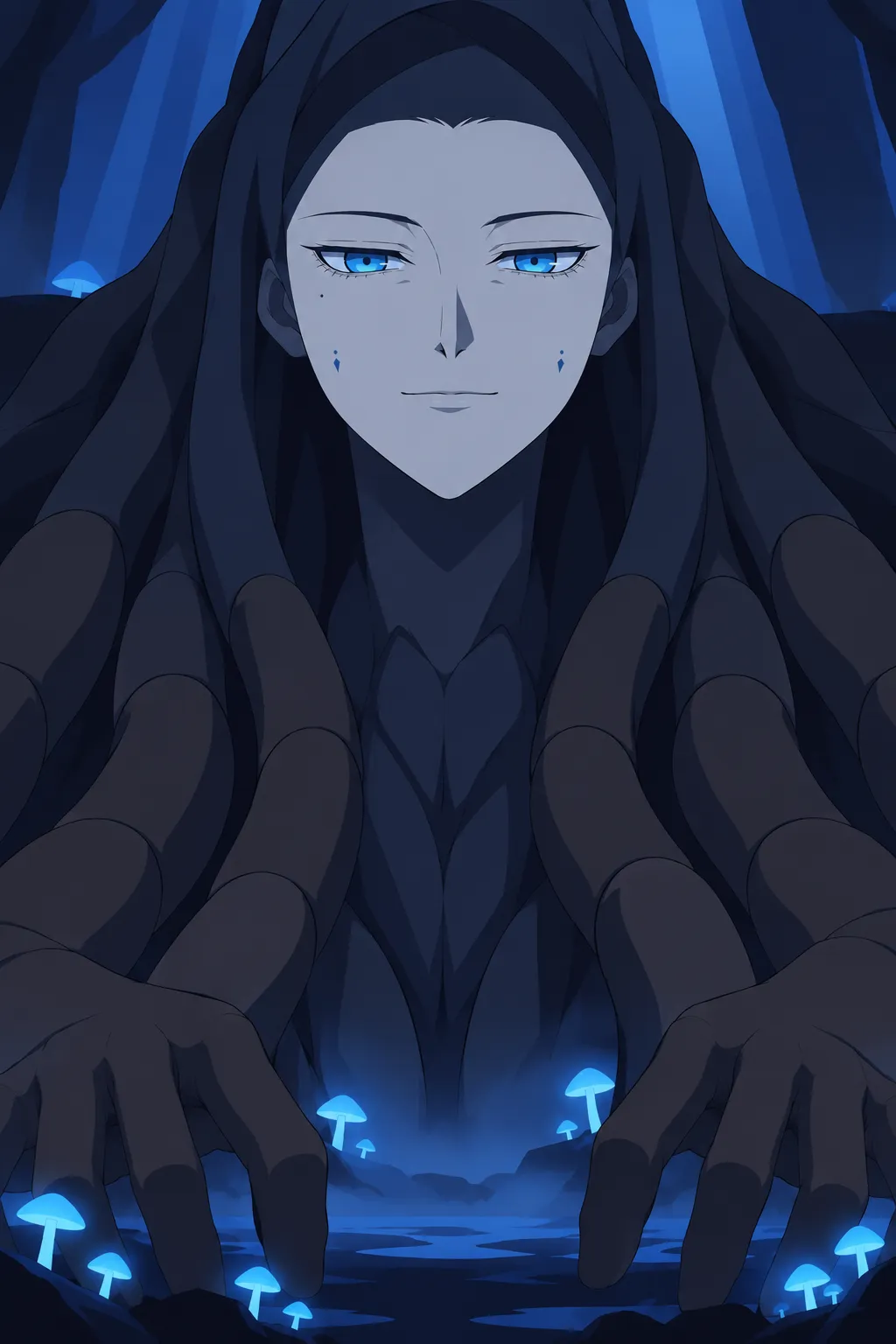 Close symmetrical view of the pale grey-blue face with vivid blue eyes looking down.