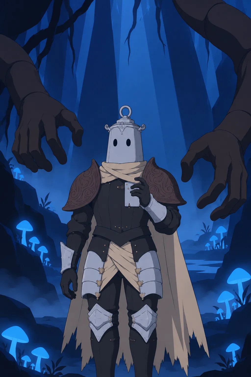 Medium shot of Lanterne standing among glowing blue mushrooms and dark trees, one gauntlet raised near his chest, fingers loosely curled.