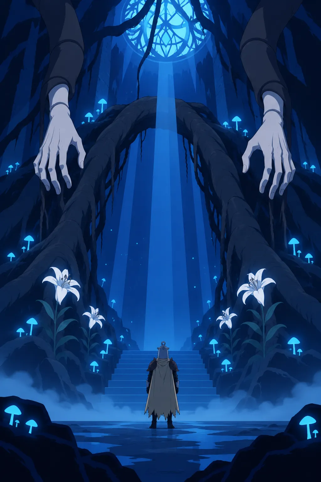 Full reveal: a colossal arch formed of dark roots rises high above, two enormous pale humanoid hands hanging from its top on either side.