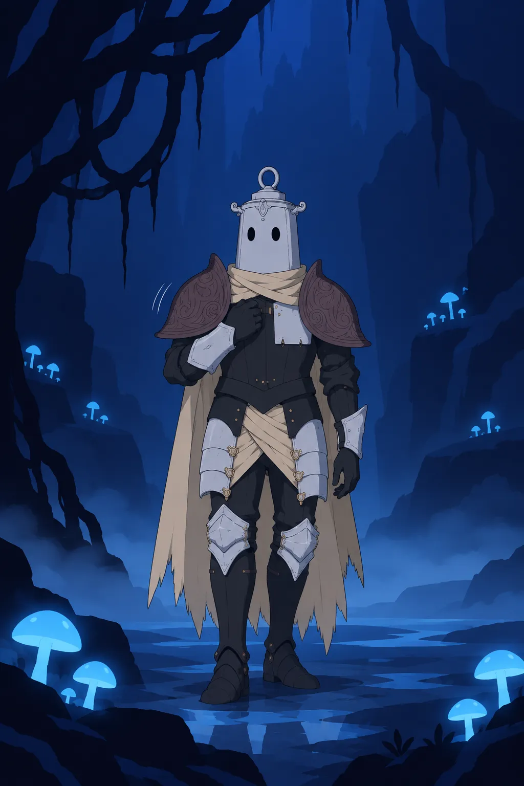 Wide medium shot of Lanterne standing among glowing blue mushrooms and dark branches, one gauntlet raised near his chest.