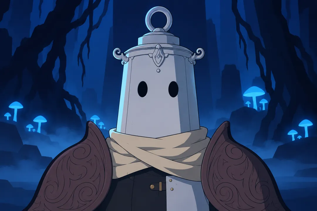 Close-up on Lanterne's lantern-shaped helmet and pauldrons, the cream scarf wrapped tightly around the neck.