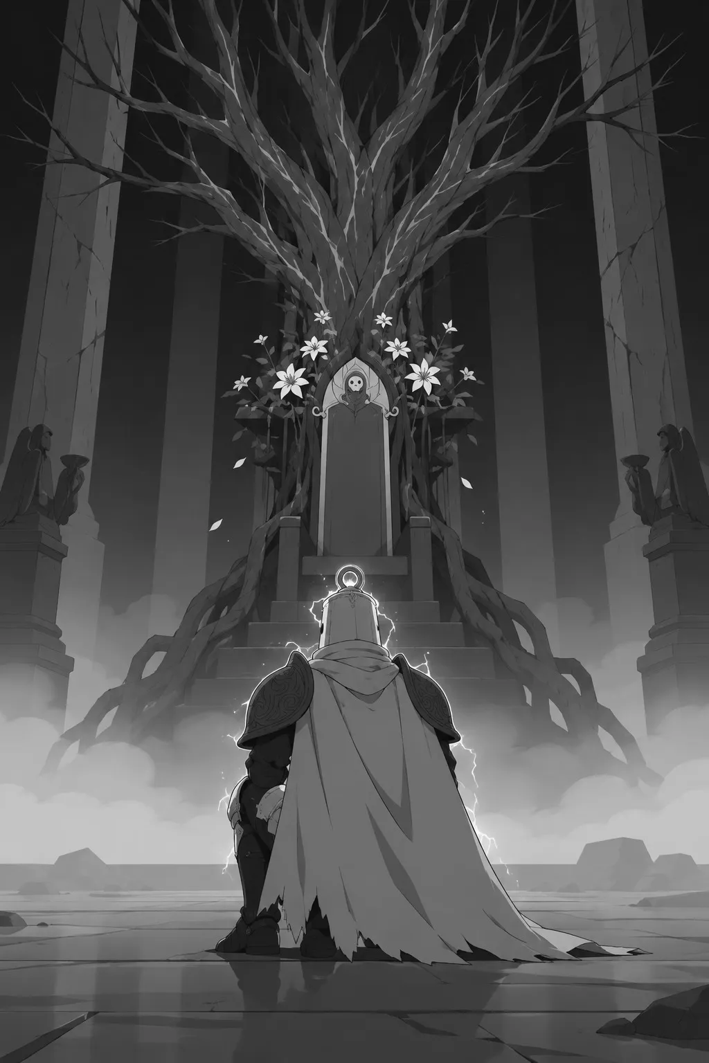A black and white memory: Lanterne kneels before a towering ornate throne wreathed in bare branches and white flowers.