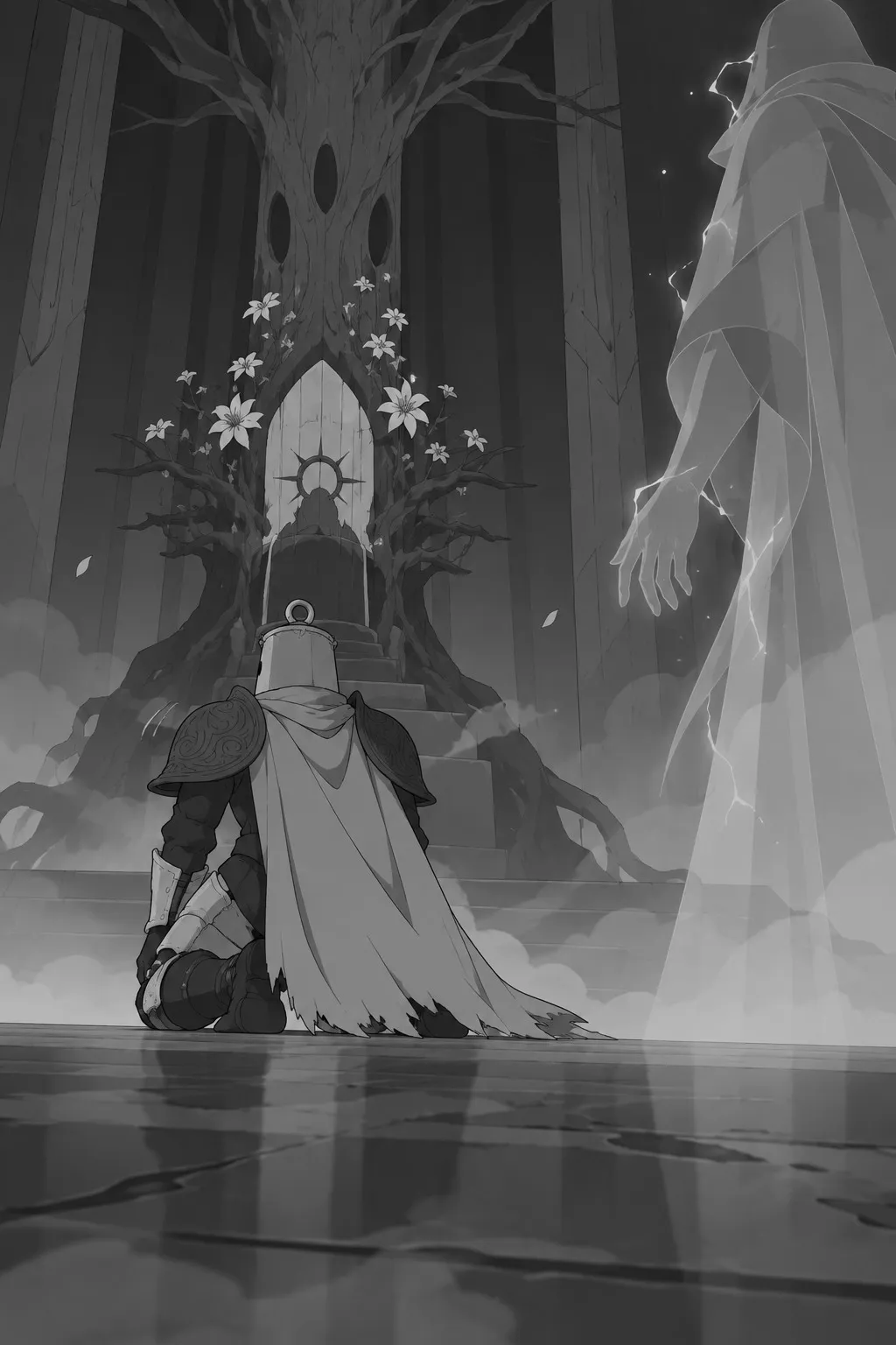 Lanterne still kneels before the throne as a pale, ghostly translucent silhouette of a robed figure fades into existence at the right edge…