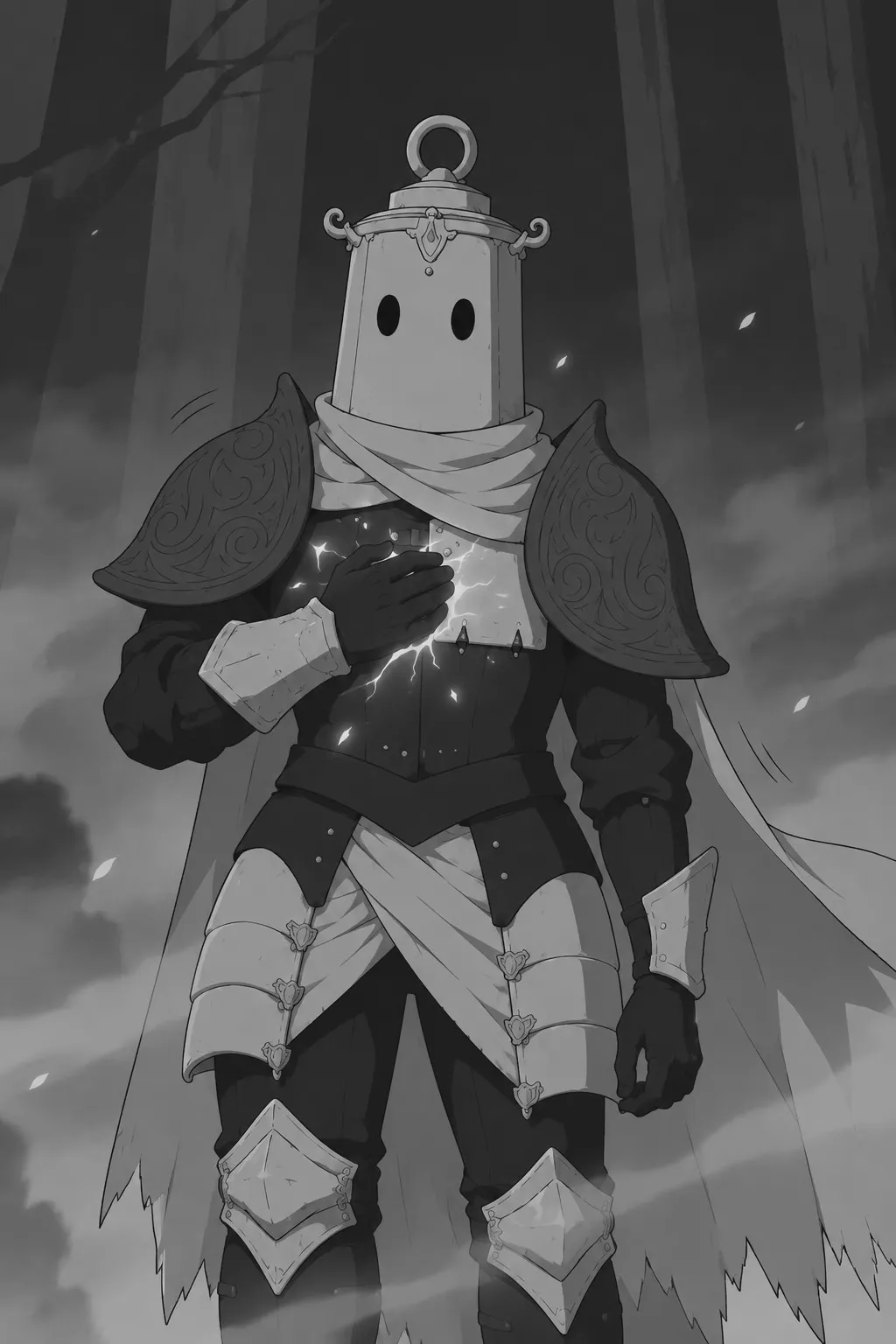 In the misty underground blue forest, Lanterne stands facing camera.
