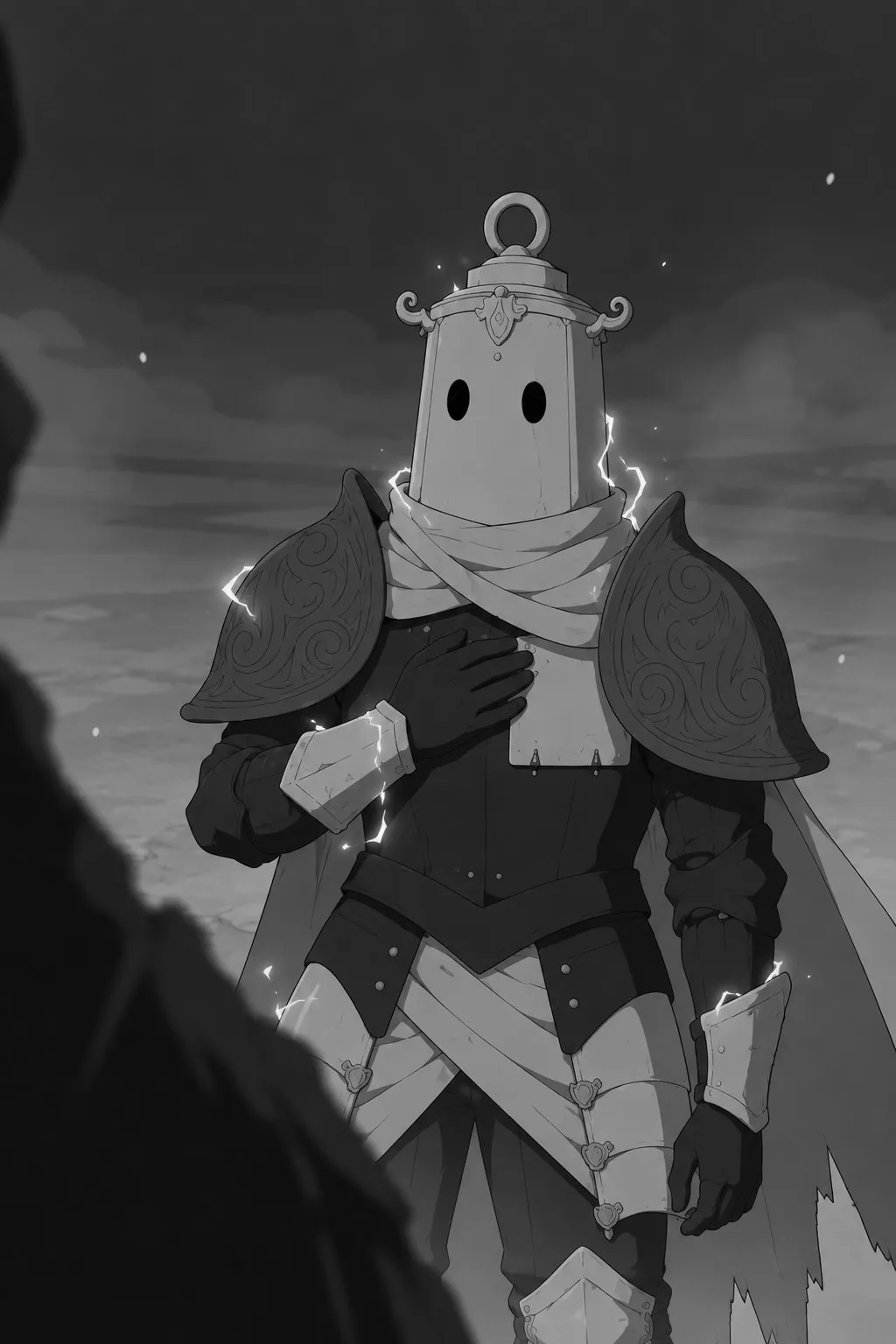 Lanterne stands still with his gauntlet pressed firmly on his chest plate, its shape clearly readable against the pale metal.