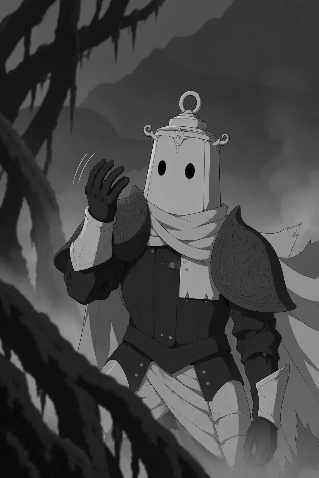 Lanterne stands amid dark tangled roots, one gauntlet lifted beside his head, fingers slightly curled mid-gesture.