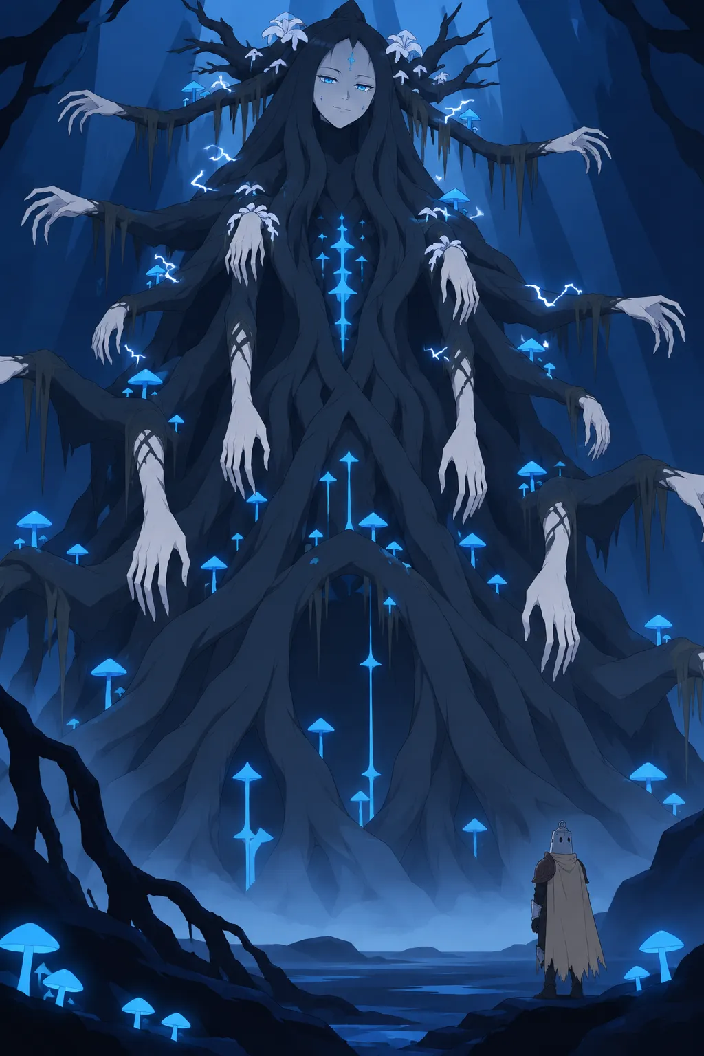 Wide low-angle reveal of the colossal tree-being towering over the blue forest.