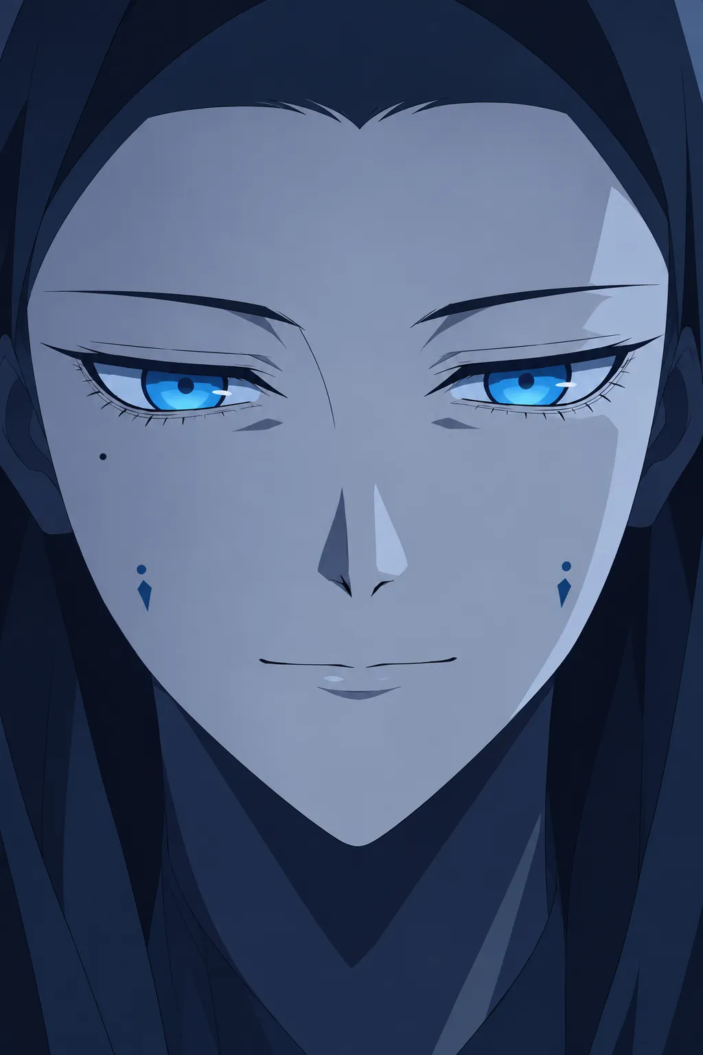 Extreme close-up on the pale face of the tree-being, vivid blue eyes narrowed, dark thin eyebrows, faint tear-like marks beneath the eyes.