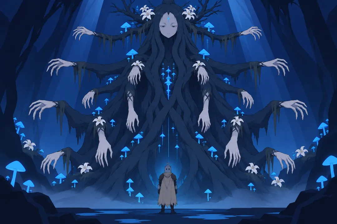 Wide symmetrical shot returning to the colossal tree-being.