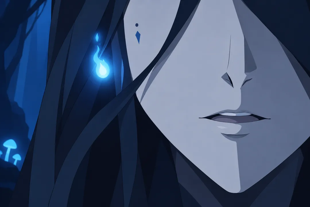 Extreme close-up fragment: one of the two small glowing blue lights floats beside the pale face.