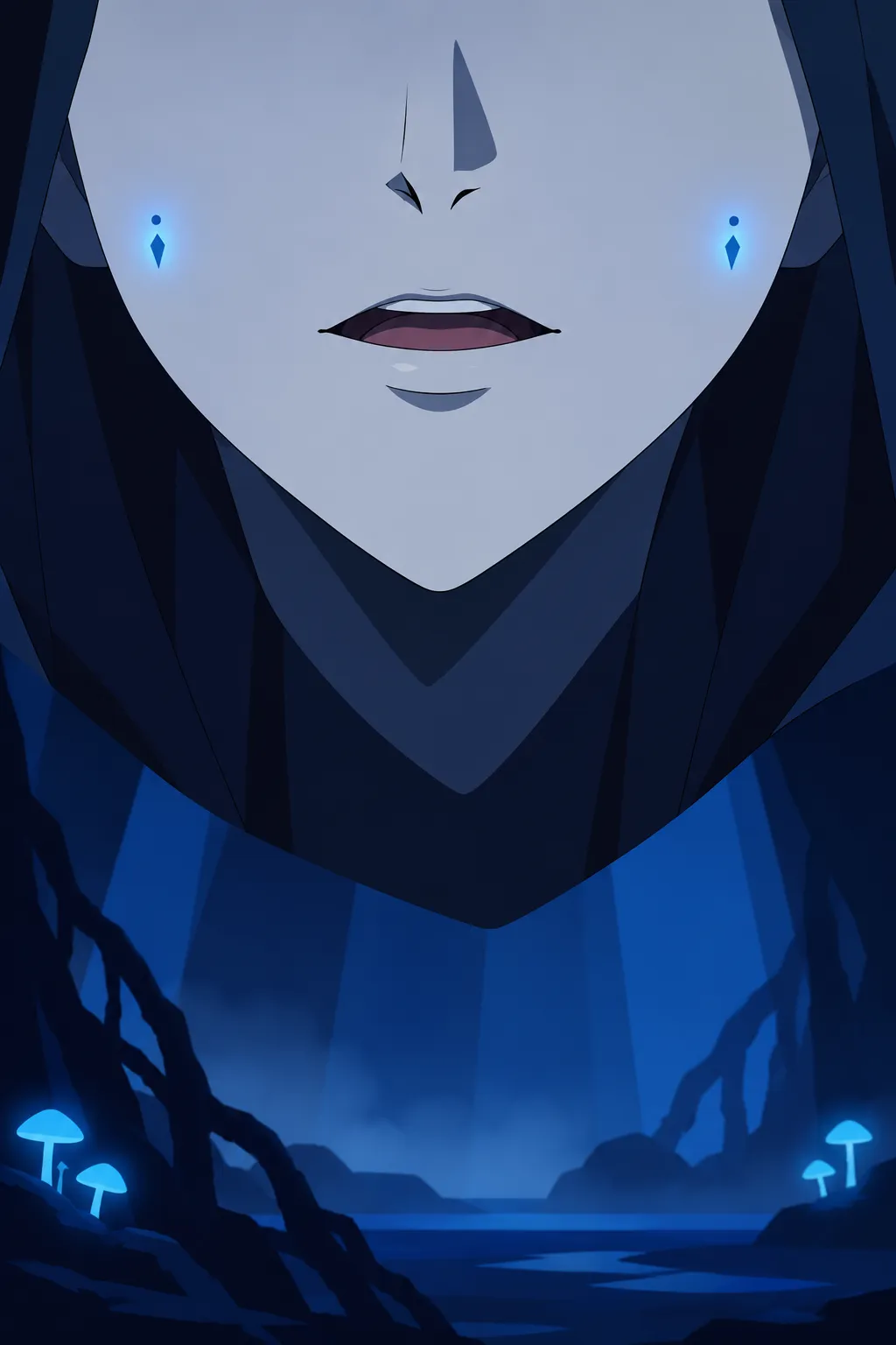 Extreme close-up reveal, wide and tall, of the pale face's lower half filling the frame, mouth open speaking.