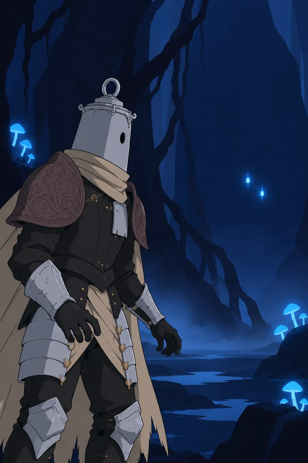 Medium close-up on Lanterne, his helmeted head turned fully toward the two small glowing blue lights hovering distant in the dark.
