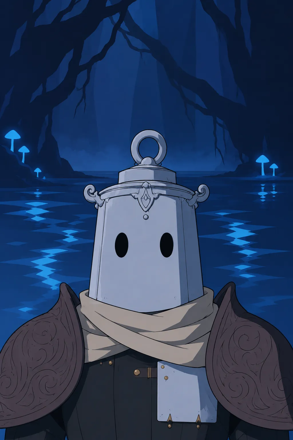 Close-up on Lanterne's helmeted head and shoulders against a dark blue watery background rippling with faint light.