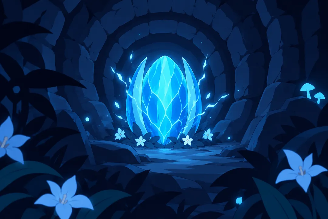 A fragment of a glowing blue egg-shaped pod pulses deep inside a round tunnel of stacked stone rings.