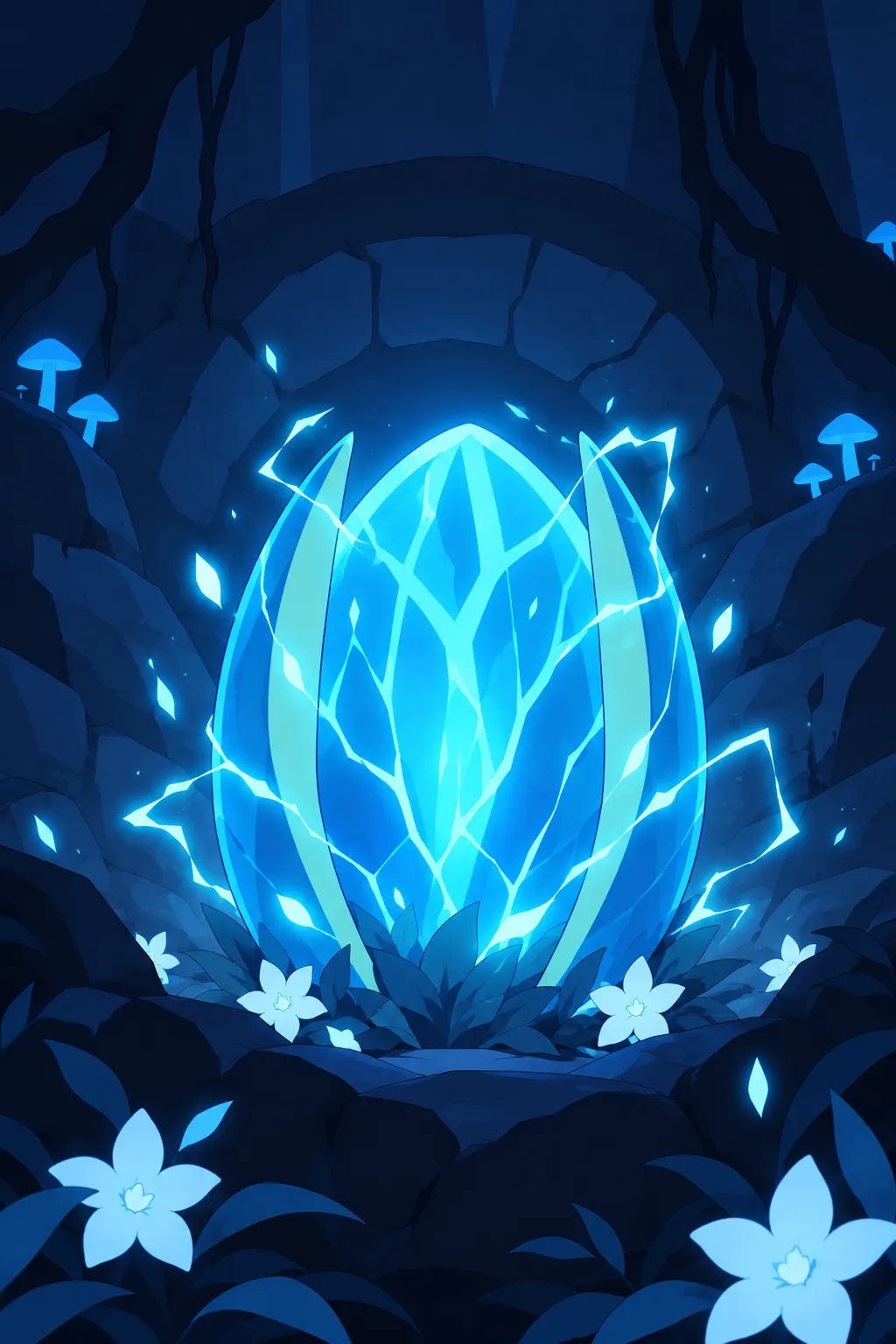 Closer view of the glowing blue pod pulsing in its stone hollow, blue flowers and leaves in the near foreground, its light stronger now.