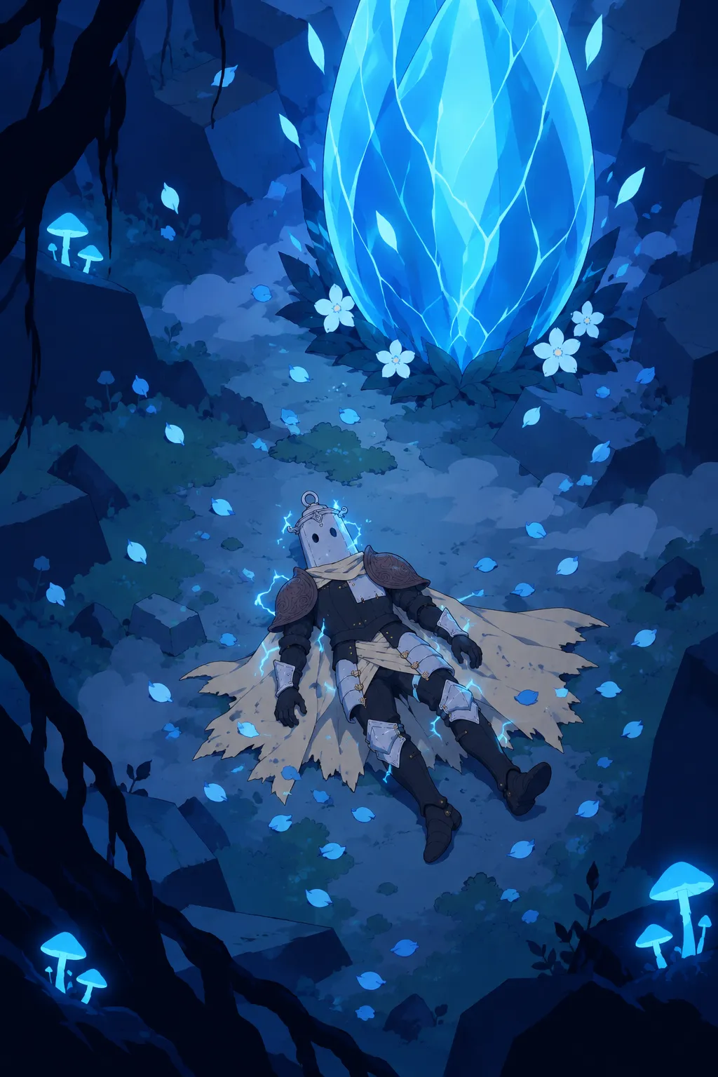 Wide shot of Lanterne lying still on the mossy ground amid scattered blue petals and settling dust, his cape splayed.
