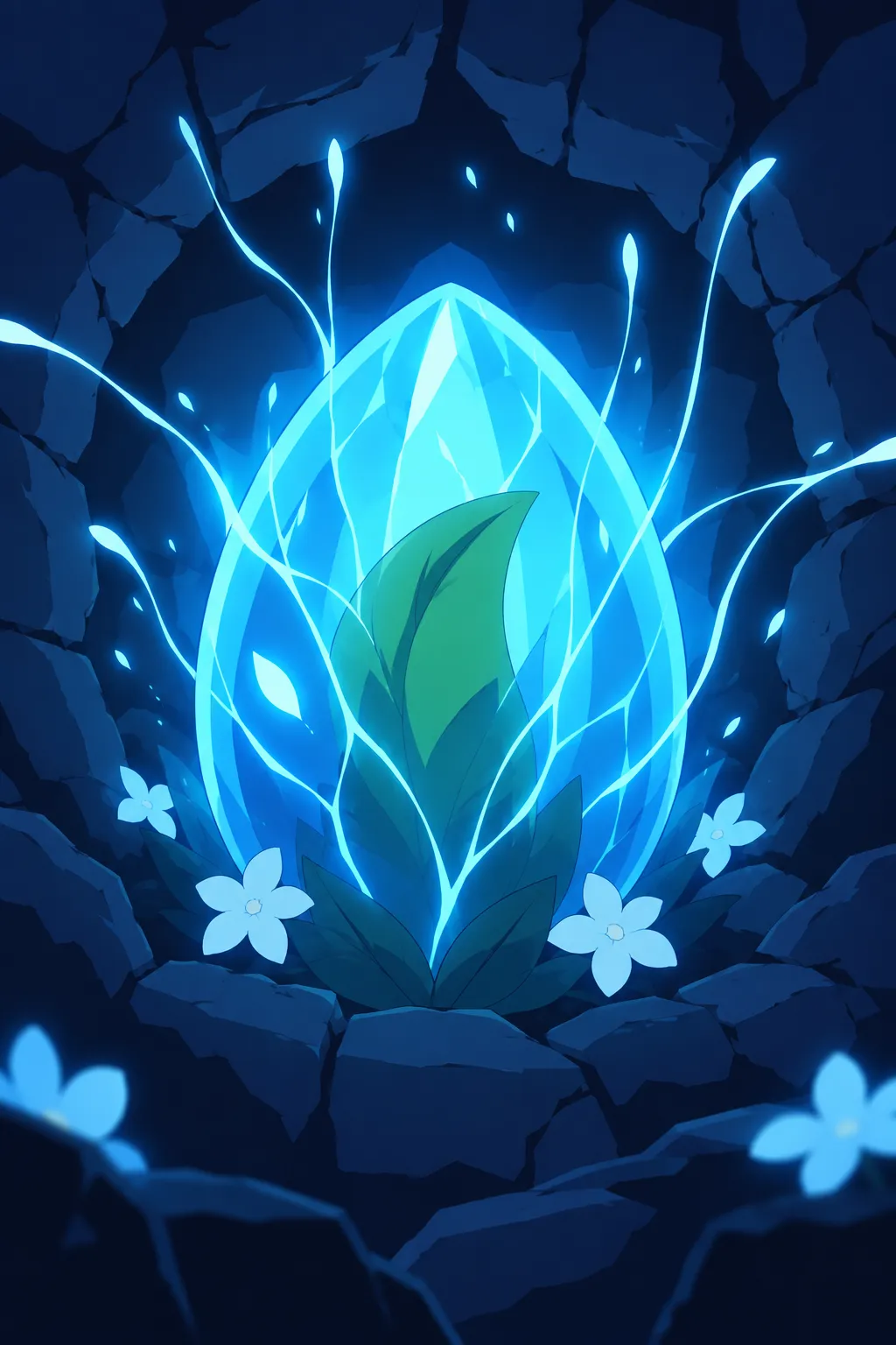 Detail shot of the glowing white-blue pod deep in the round stone tunnel, a dark green leaf-like shape visible inside it.