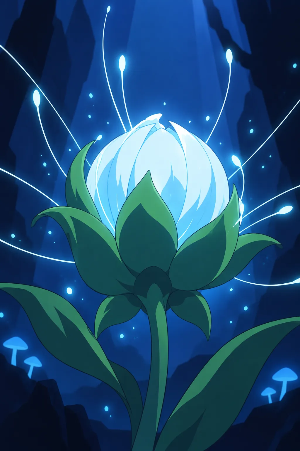 Extreme close-up on the luminous white bud wrapped in green curling leaf-petals, glowing bright white-blue from within.