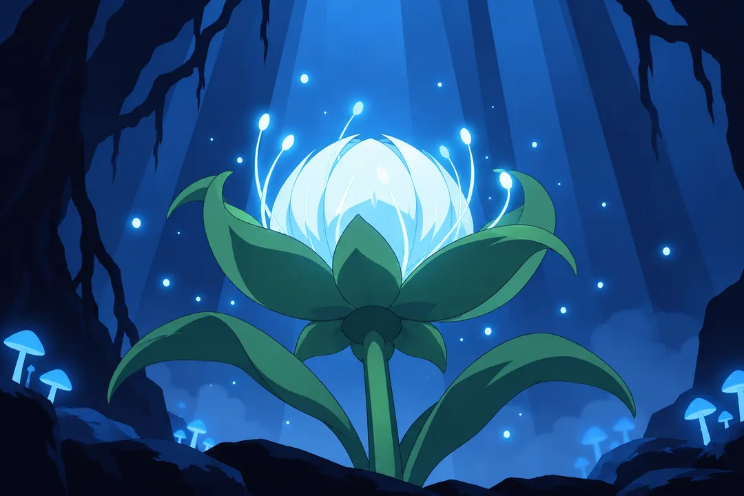 Close detail on the fully opened flower, green petals spread wide around the glowing white sphere at its heart.