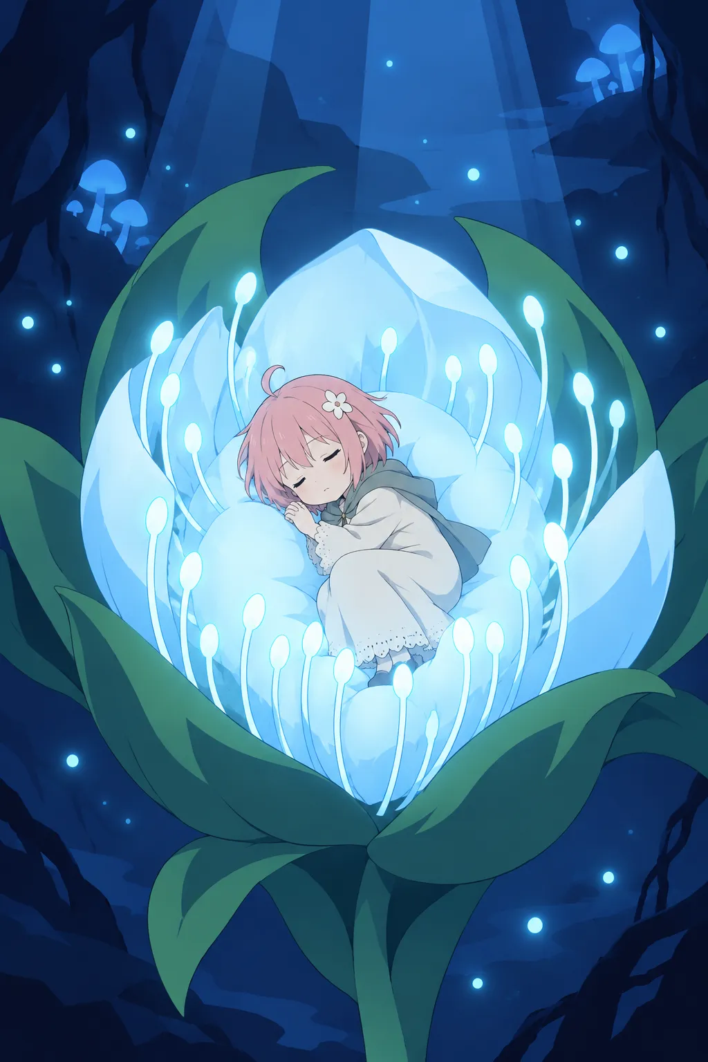 Close-up inside the fully bloomed flower: a sleeping baby with short pink hair curled peacefully at its glowing white-blue heart.