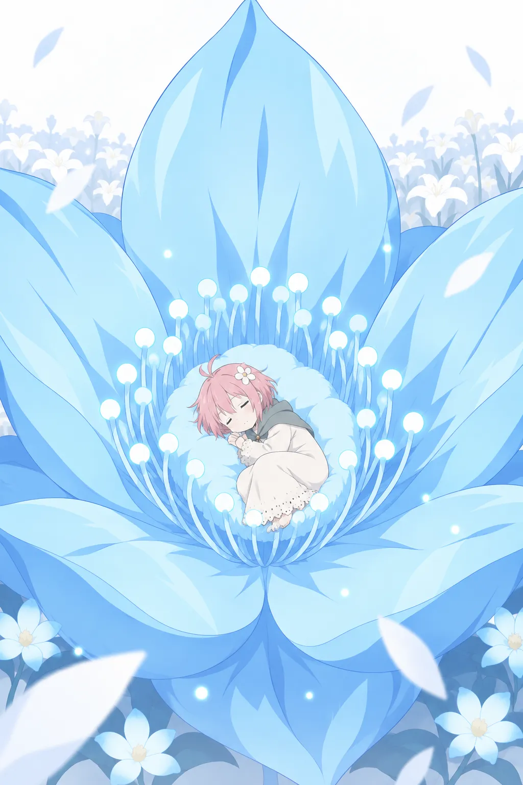 Wide close view on the colossal glowing blue lotus flower.