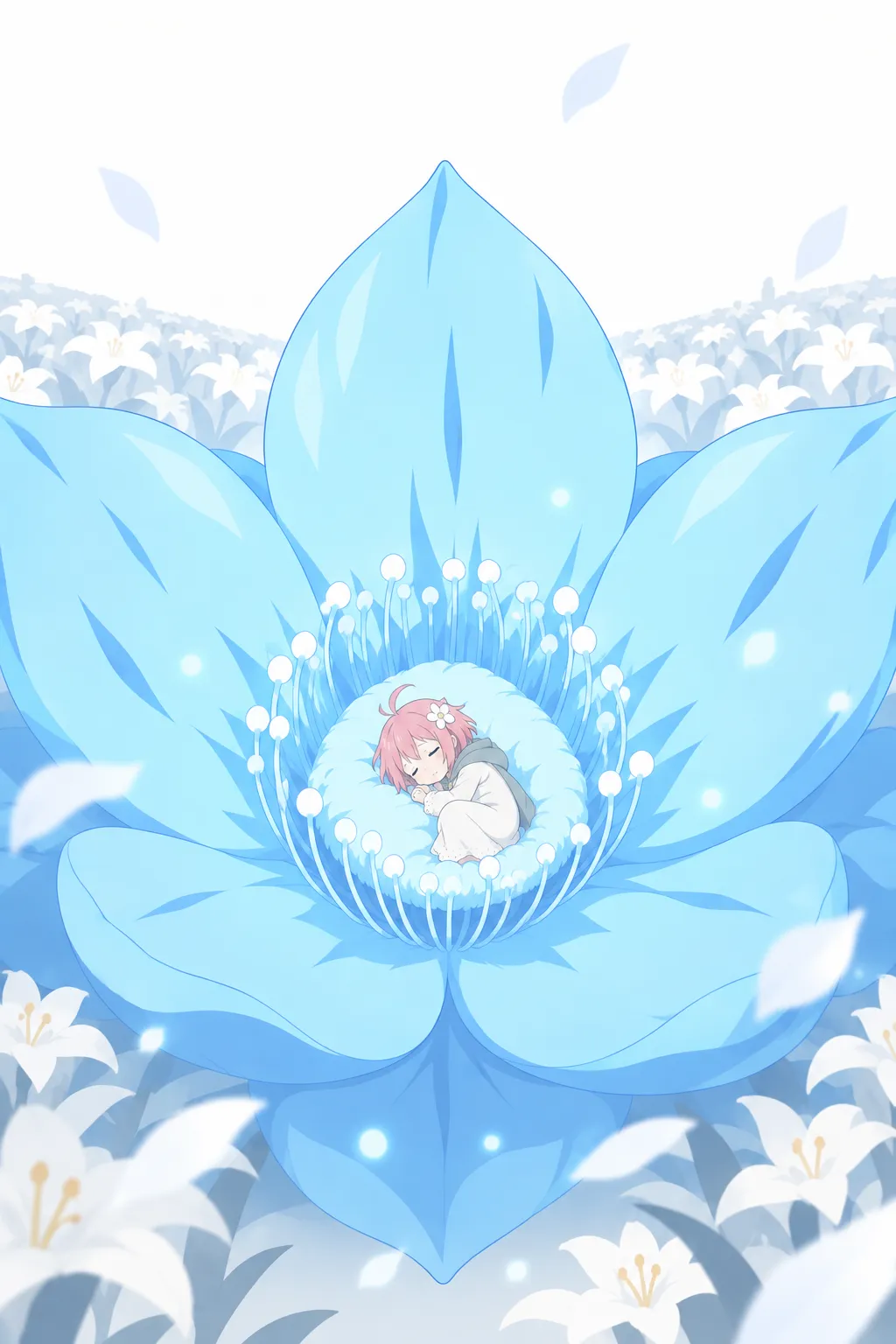 Same glowing lotus flower, same sleeping child, the light pulsing faintly softer as the disembodied voice continues its command over the…