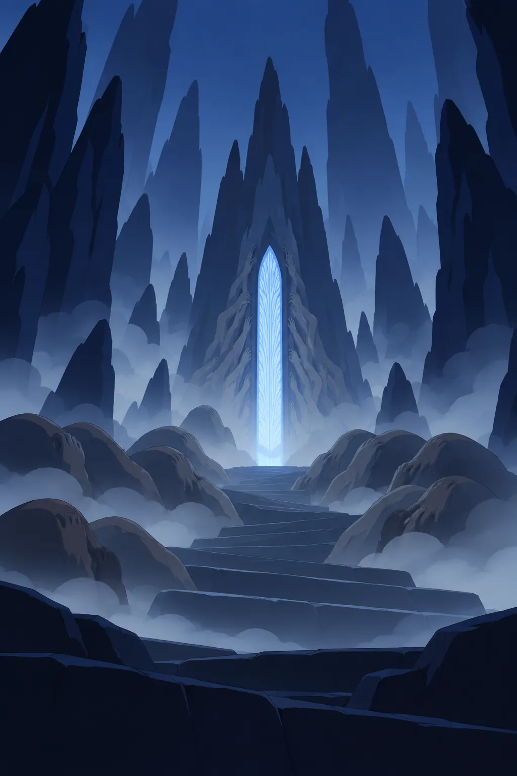 Very tall wide shot of the misty landscape, the glowing portal now standing at its full vertical height.