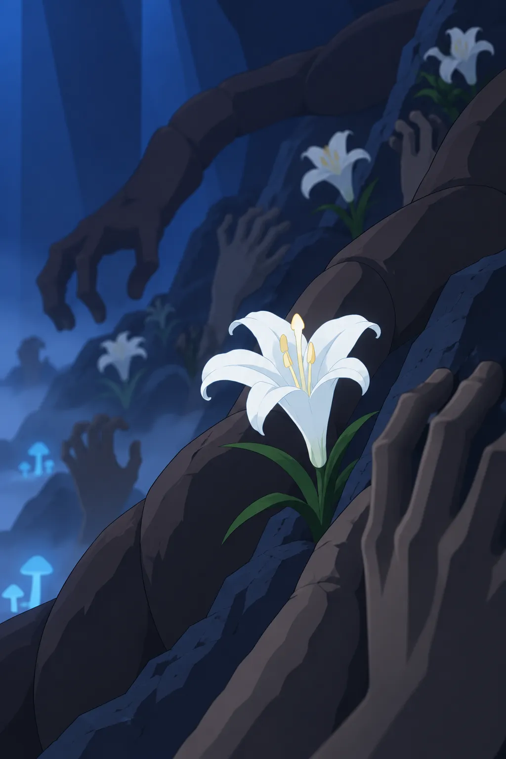 Close detail on white lily flowers with yellow centers blooming among the dark twisted root-arms and pale reaching hands embedded in the…