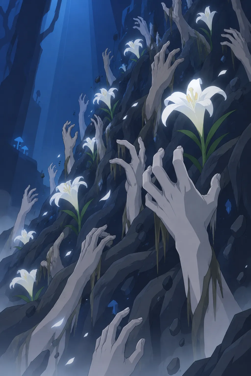 Extreme close view of a dark rocky wall where white lily flowers bloom in clusters.
