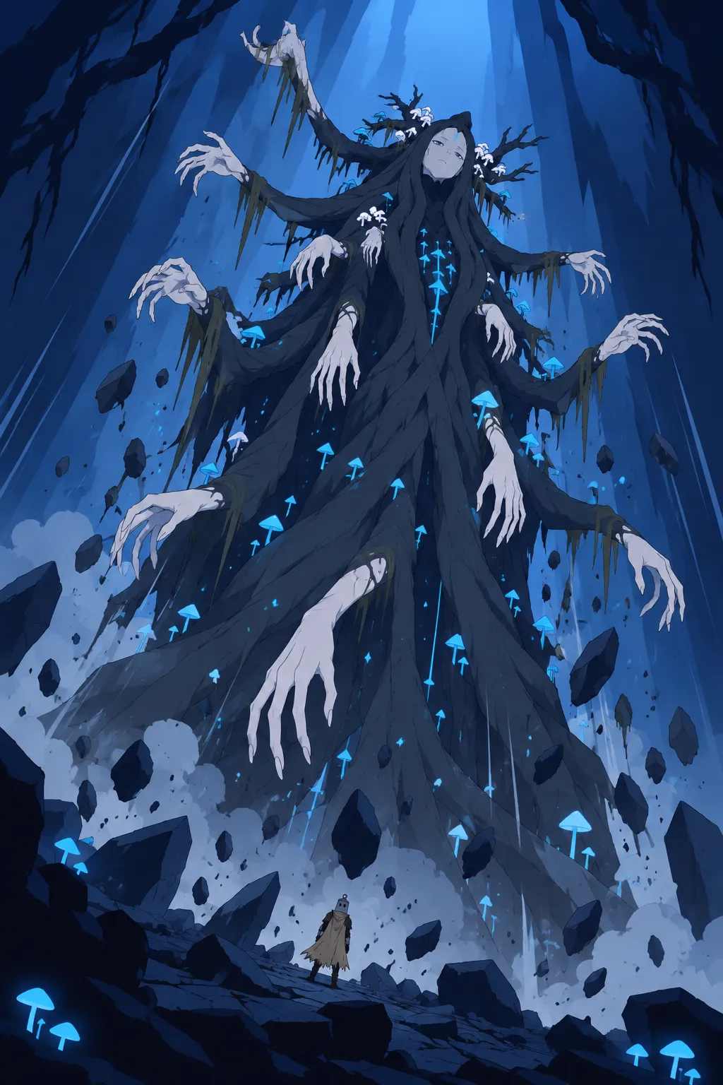 A very tall panel of dark twisted root-arms erupting and twisting upward out of the shattering rock, huge and immense.