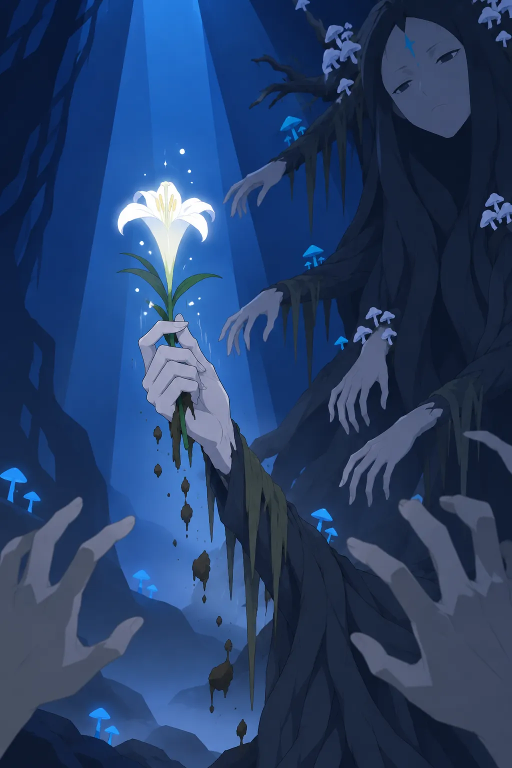 Close on a pale hand holding the single glowing white lily flower fully upright, its trumpet-shaped petals glowing softly.