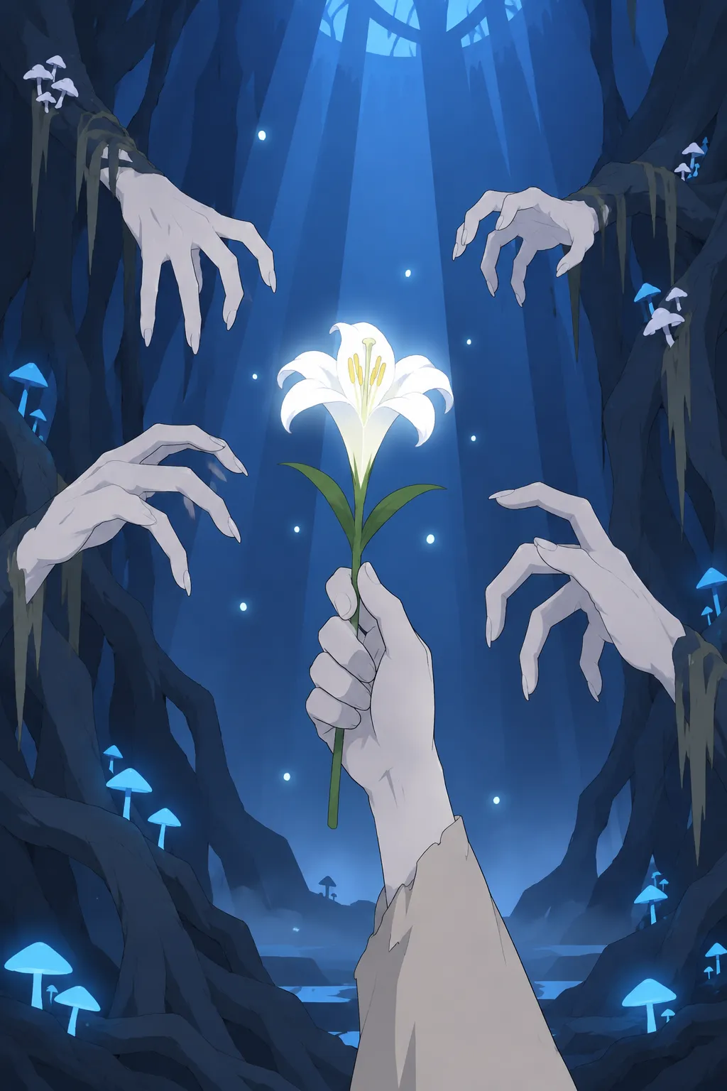 Close on the same pale hand now holding the single glowing white lily flower fully upright and steady.