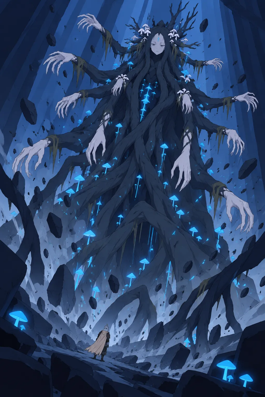 A very tall panel of dark twisted root-arms bursting upward out of the broken stone, glowing magic particles trailing along the bark.