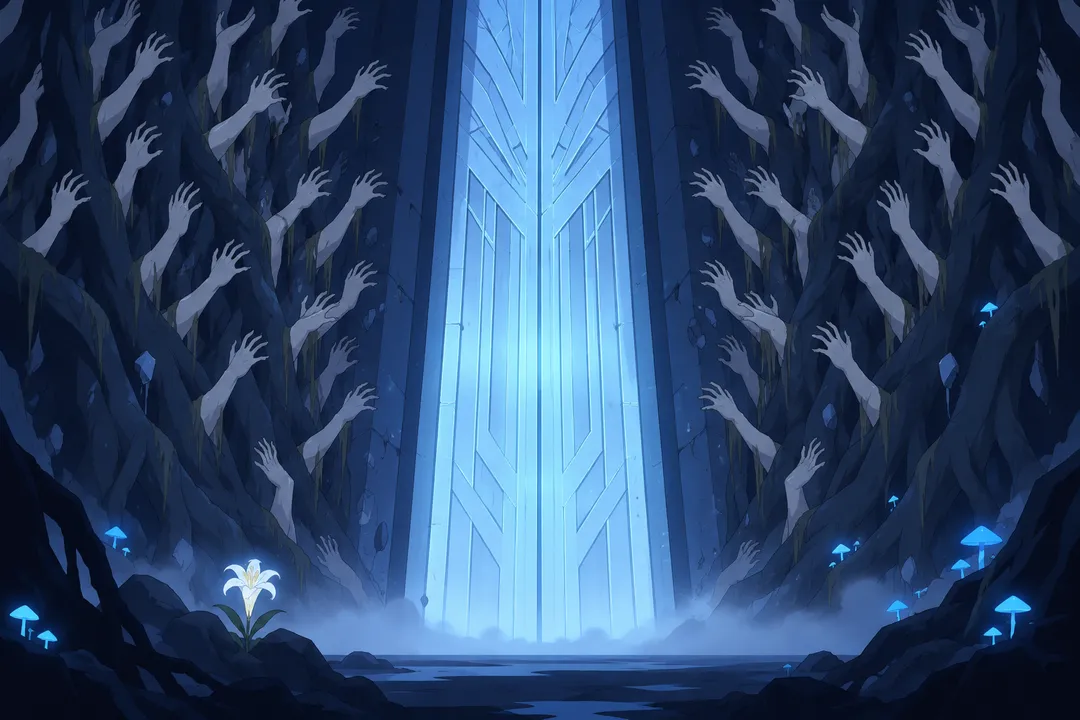 Wide close view of the glowing stone gate flanked by two towering walls entirely made of pale hands reaching upward out of gnarled dark…