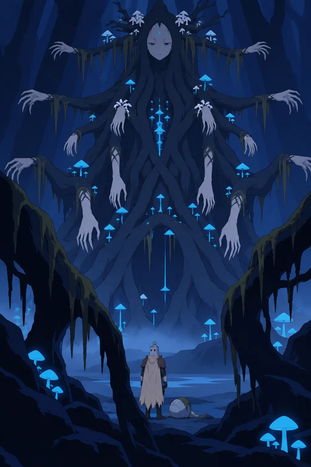 Lanterne stands small and still in a blue-lit mossy hollow, framed between two thick gnarled branches draped with moss in the foreground.