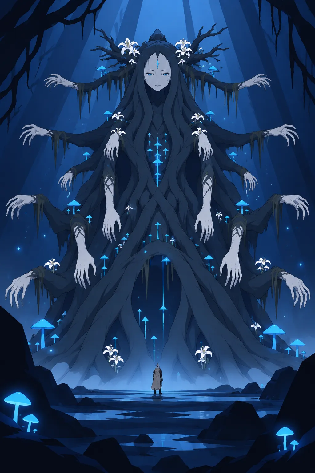 A colossal tree-being with a pale humanoid face looms in the dark, its body made of numerous pale root-hand appendages spreading wide.