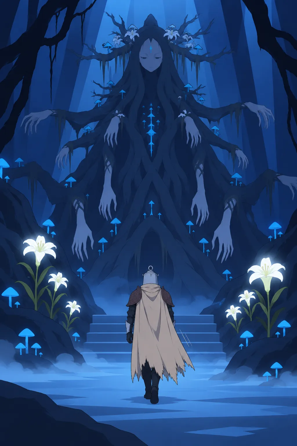Seen from behind, Lanterne walks slowly toward a set of stone steps flanked by glowing white lilies and blue mushrooms.